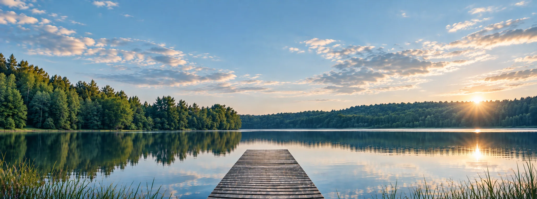A wooden jetty over a calm lake, a forest and the setting sun